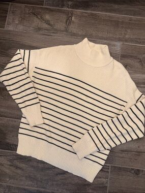 Cream Striped Turtleneck Sweater